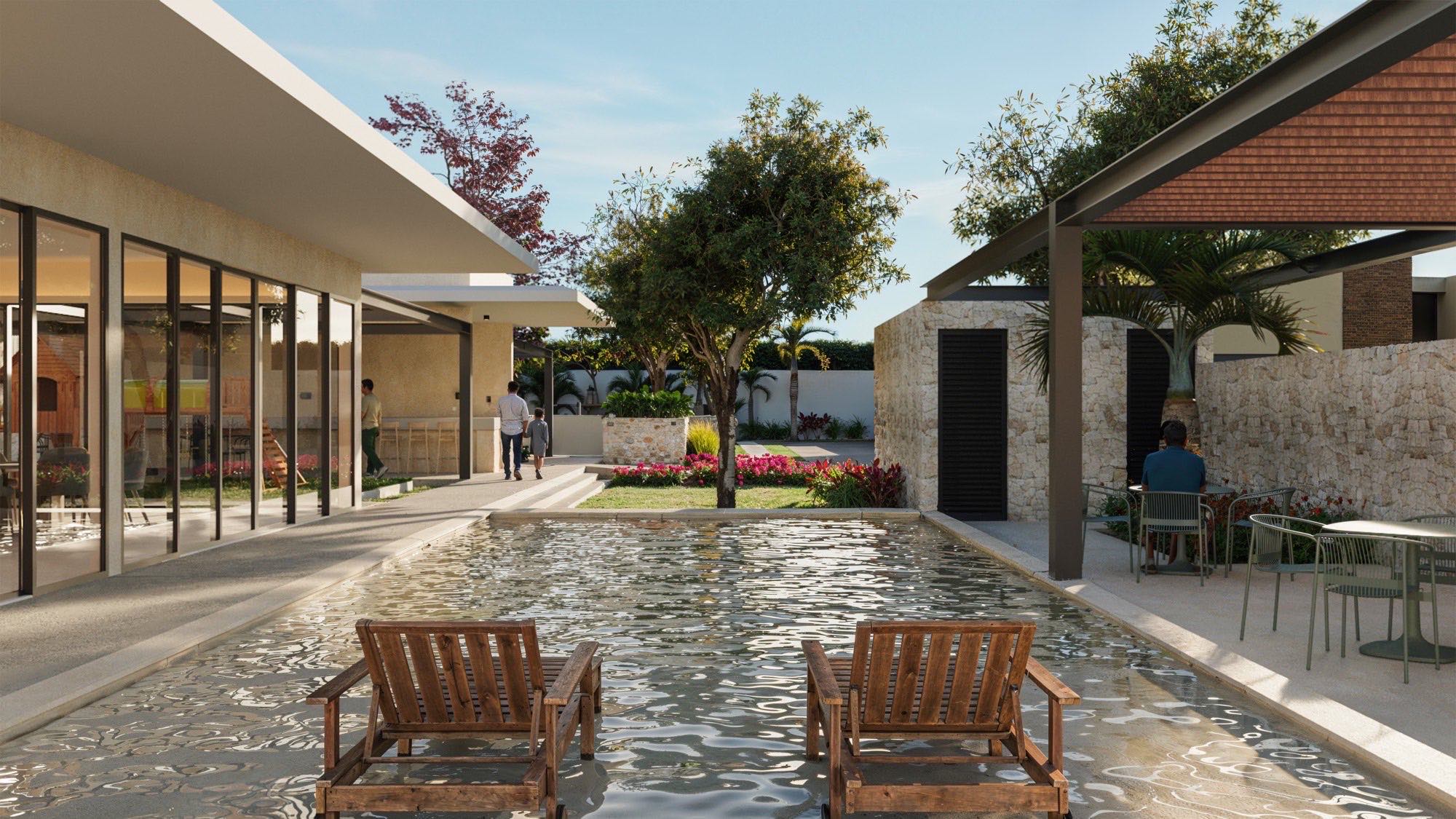 Render de la piscina y el área grill