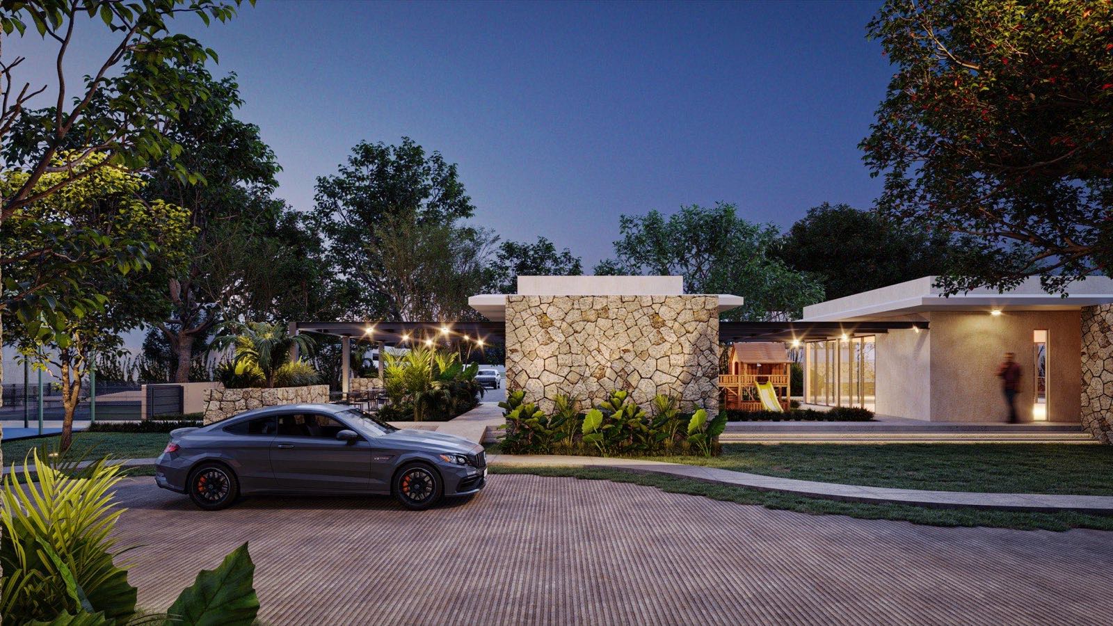 Render de vialidades y casa club de noche